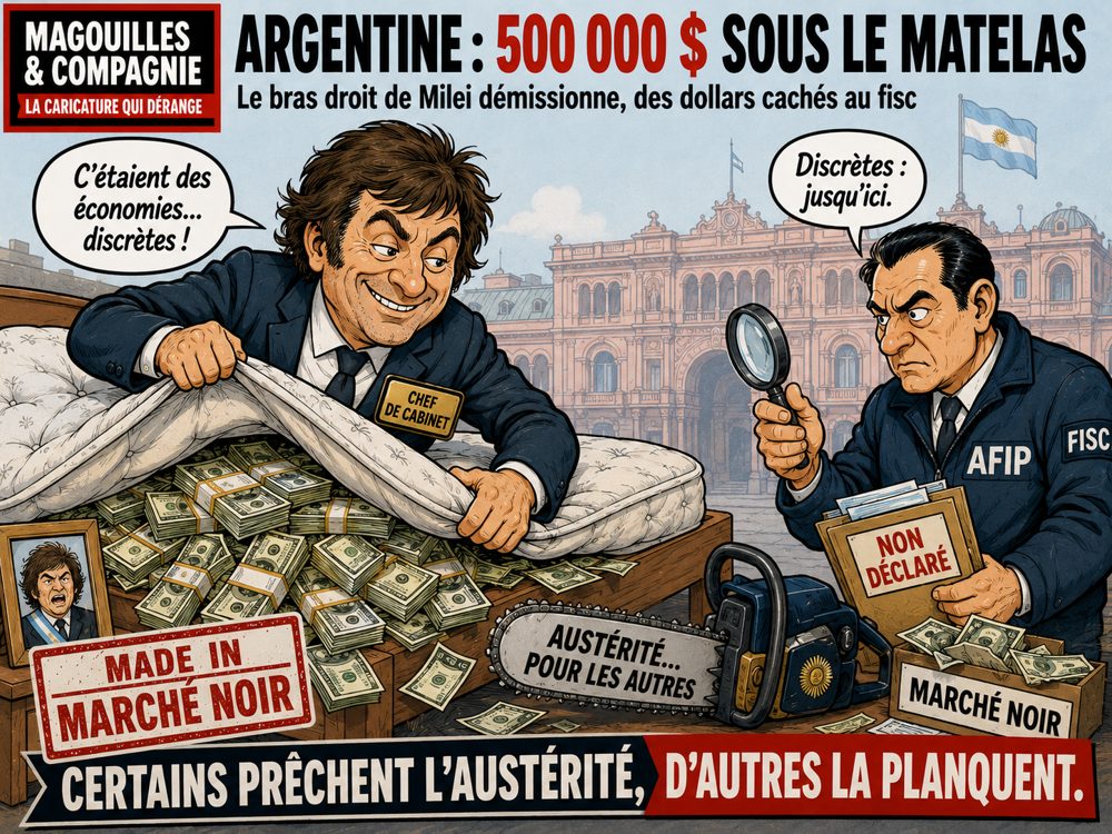 Caricature Magouilles & Compagnie : Argentine — démission d'Adorni sur fond de dollars cachés