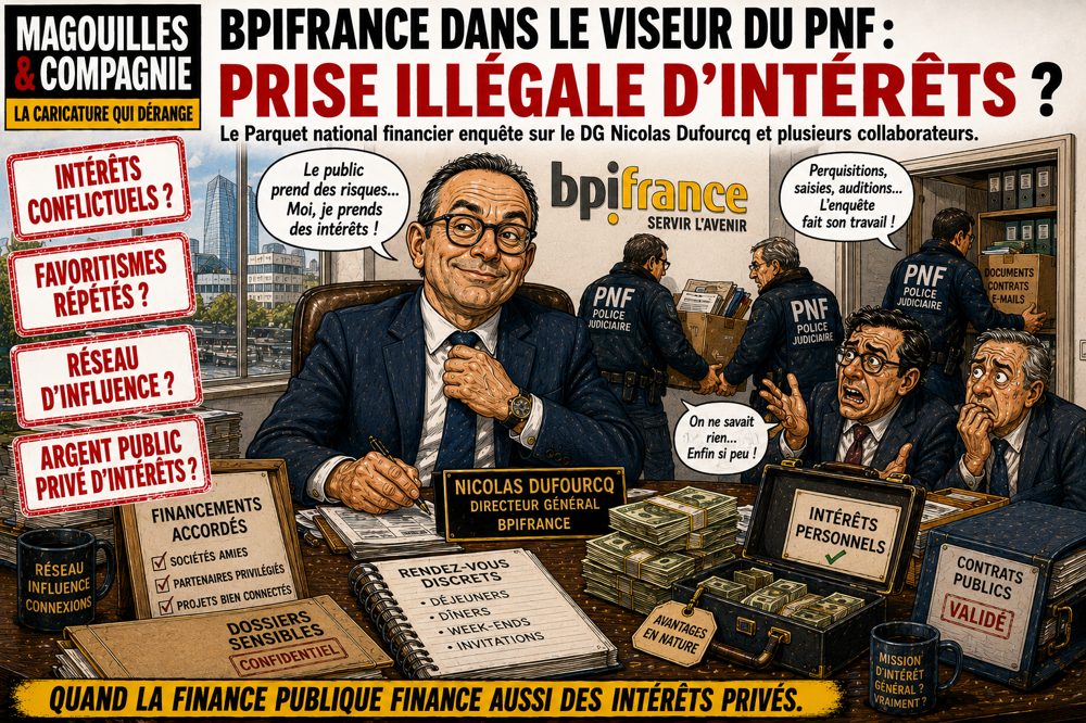Caricature Magouilles & Compagnie : Bpifrance : enquête du PNF pour prise illégale d'intérêts