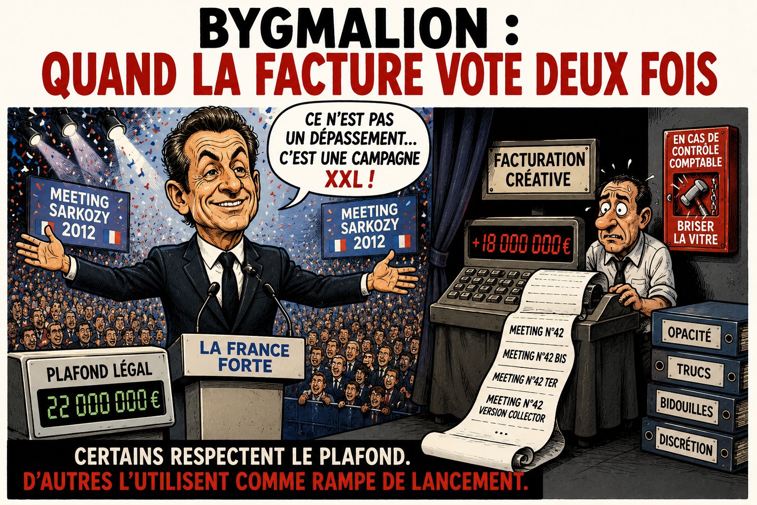 Caricature Magouilles & Compagnie : Bygmalion / Sarkozy
