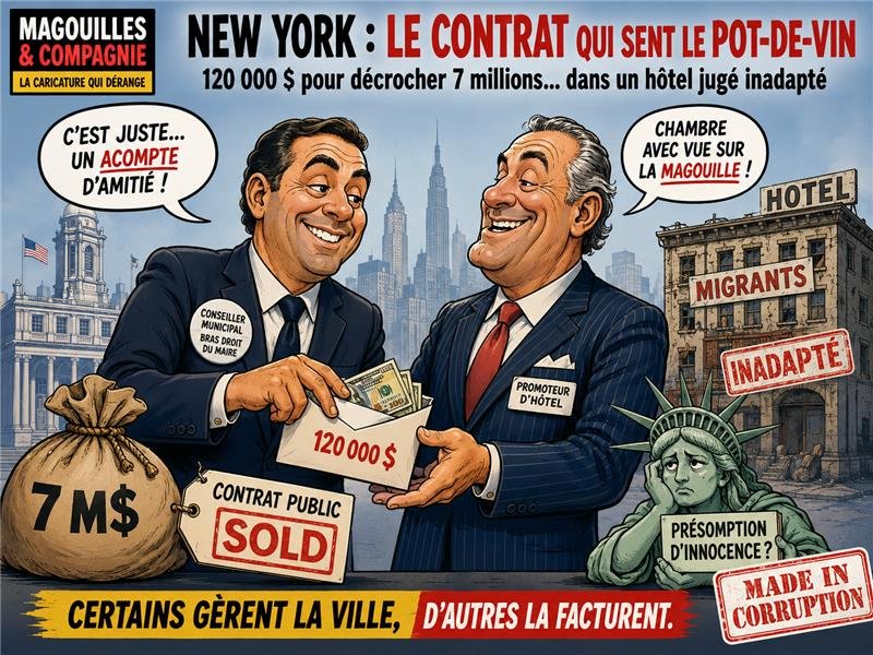 Caricature Magouilles & Compagnie : New York — le contrat à pots-de-vin