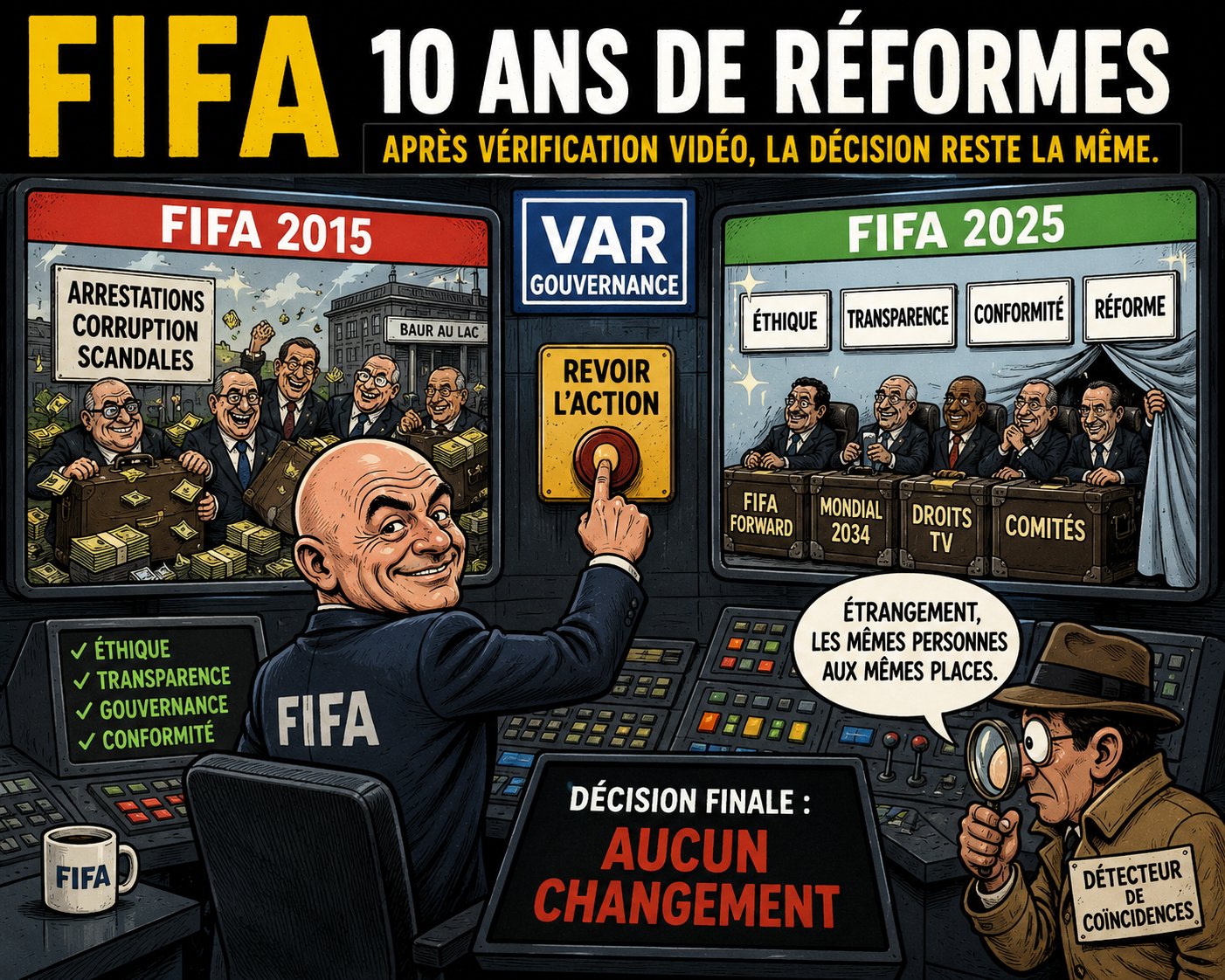 Caricature Magouilles & Compagnie : FIFA — 10 ans de réformes