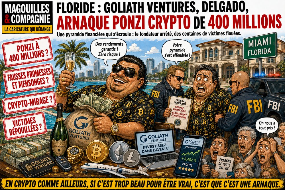 Caricature Magouilles & Compagnie : Floride — le Ponzi crypto à 400 M$ et les Lamborghini