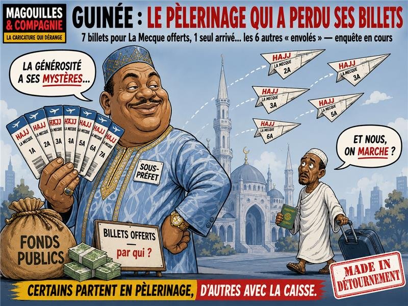 Caricature Magouilles & Compagnie : Guinée — le pèlerinage qui a perdu ses billets