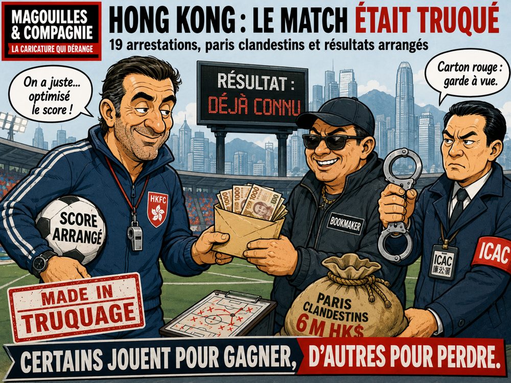 Caricature Magouilles & Compagnie : Hong Kong — 19 arrestations pour matchs truqués