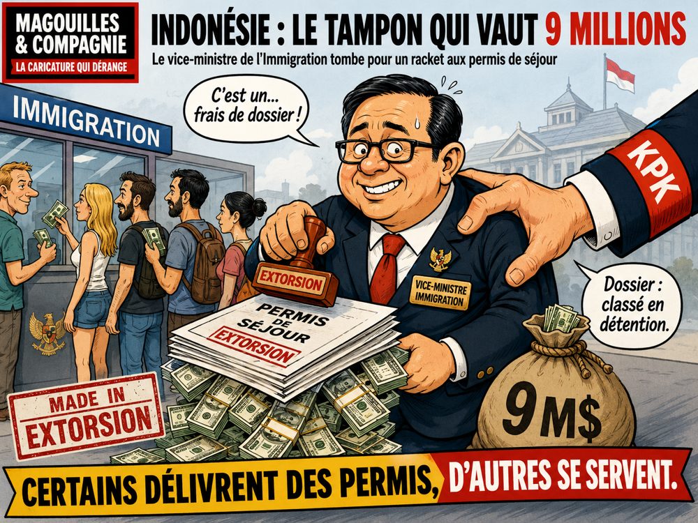 Caricature Magouilles & Compagnie : Indonésie — le vice-ministre de l'Immigration arrêté