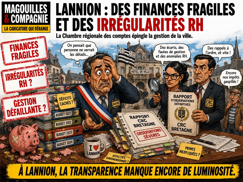 Caricature Magouilles & Compagnie : Lannion — finances fragiles et irrégularités RH