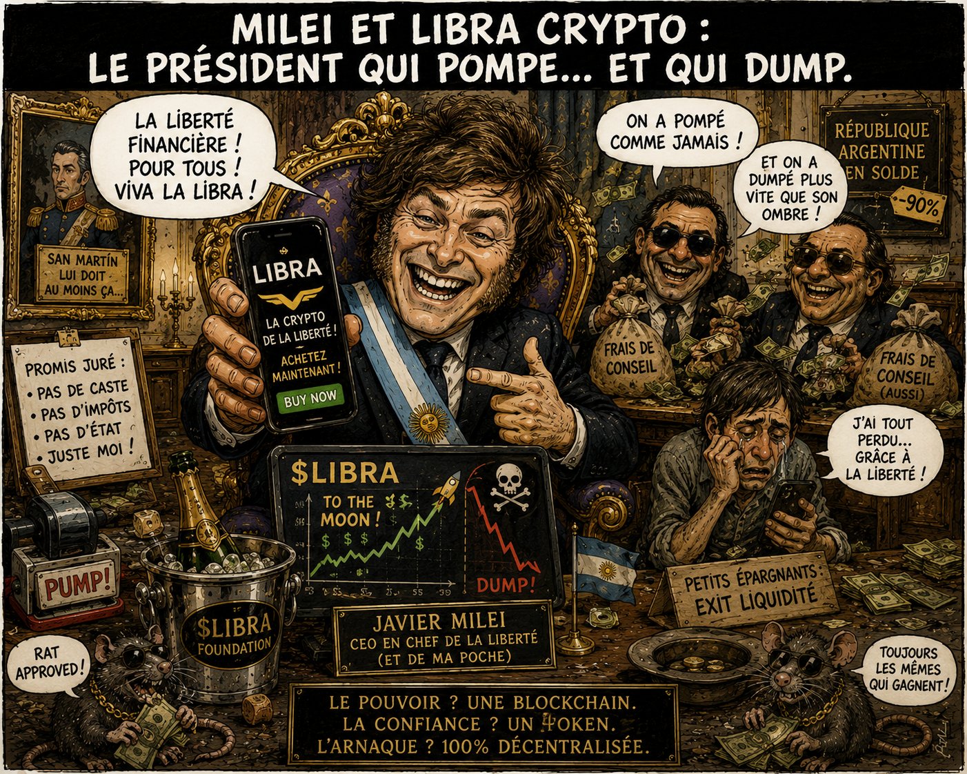 Caricature Magouilles & Compagnie : Javier Milei & $LIBRA
