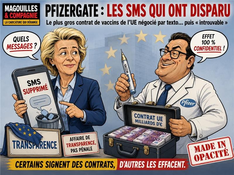 Caricature Magouilles & Compagnie : Pfizergate — les SMS disparus