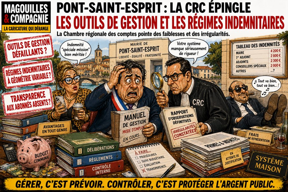 Caricature Magouilles & Compagnie : Pont-Saint-Esprit — le rapport qui électrise le conseil