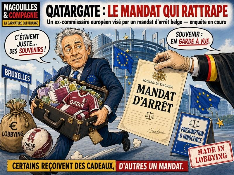 Caricature Magouilles & Compagnie : Qatargate — le mandat qui rattrape