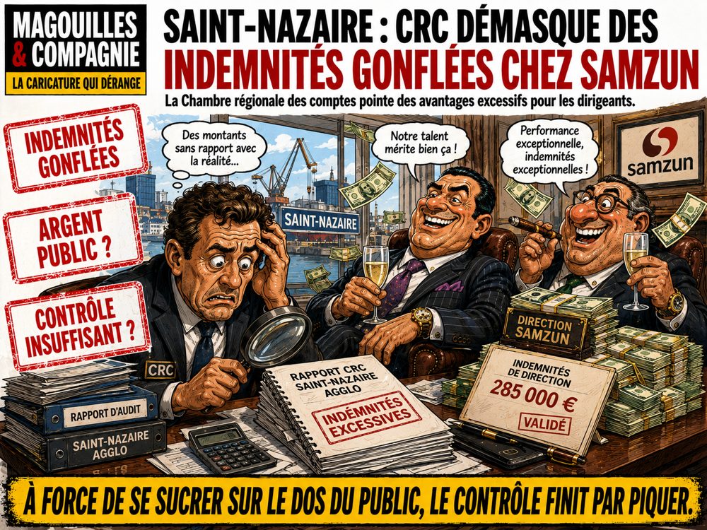 Caricature Magouilles & Compagnie : Saint-Nazaire — la mairie aux indemnités gonflées